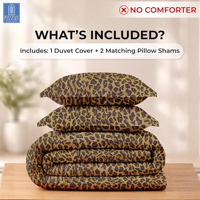 Kotton Culture 3 Pc Duvet Cover Set Queen Size/Full Size - Cotton - Soft Premium Durable Cheetah Animal Print Comforter Cover - Zipper Closure & 7 Corner Ties- (Leopard, 90" X 90")