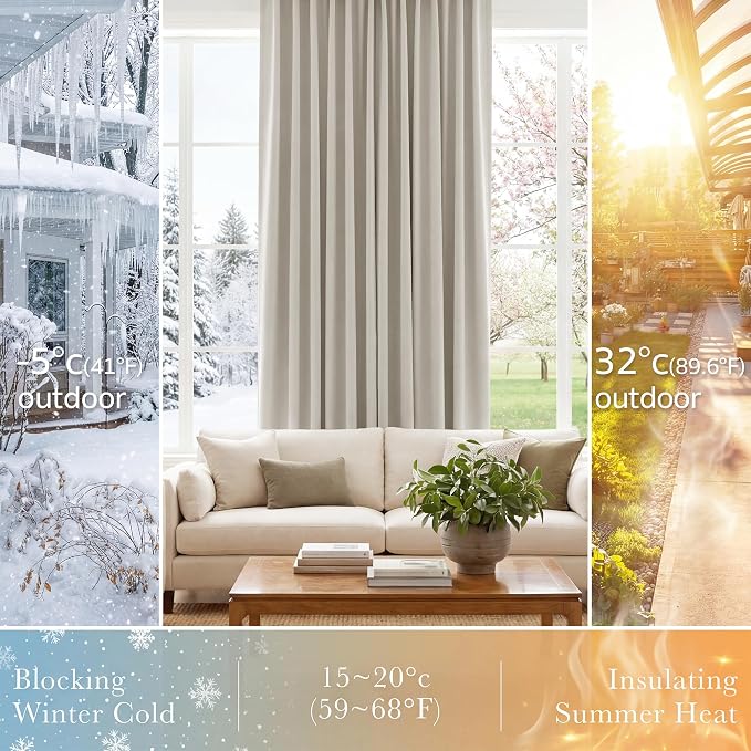 PONY DANCE Blackout Curtains for Bedroom 90 inches Long 2 Panels Set, Thermal Insulated Rod Pocket Black Out Window Drapes, Noise Reducing Window Treatment for Living Room(W52 x L90 inch, Cream)