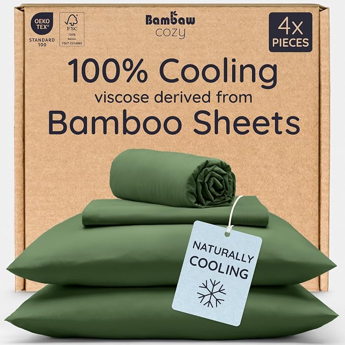 Bambaw Full Sheet Set 4pcs – 100% Viscose Derived from Bamboo Sheets Full Size Set, Cooling Bed Sheets for Hot Sleepers, with Elastic Corner Straps (Olive)