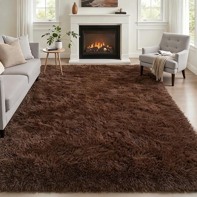 Area Rug Living Room Bedroom: 5x7 Fluffy Plush Shag Carpet Brown | For Kids Room Playroom Nursery Home Decor,Ultra Soft,Non-Slip Non-Shedding,Fuzzy Plush,Large Indoor Floor Carpet,Easy Clean