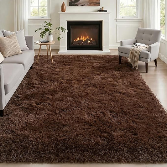 Area Rug Living Room Bedroom: 5x7 Fluffy Plush Shag Carpet Brown | For Kids Room Playroom Nursery Home Decor,Ultra Soft,Non-Slip Non-Shedding,Fuzzy Plush,Large Indoor Floor Carpet,Easy Clean