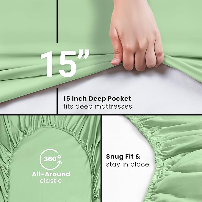 Full Fitted Sheet, Ultra Soft Fits Up to 16 Inch Deep Pocket, Sage | Hotel Comfort, Cooling & Breathable Cotton like Polyester, Easy Fit, Wrinkle & Fade Resistant, Snug Fit, Easy Care, Oeko-Tex