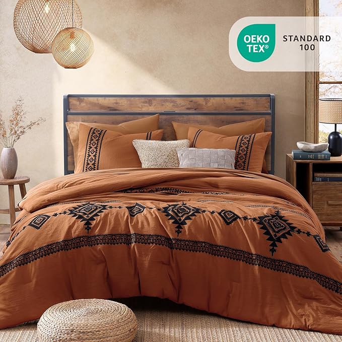 MaiRêve Embroidery King Size Comforter Set 7 Pieces Western Bed in a Bag | Burnt Orange Boho Farmhouse Bedding Sets with Comforter, Sheets, Pillowcases & Shams