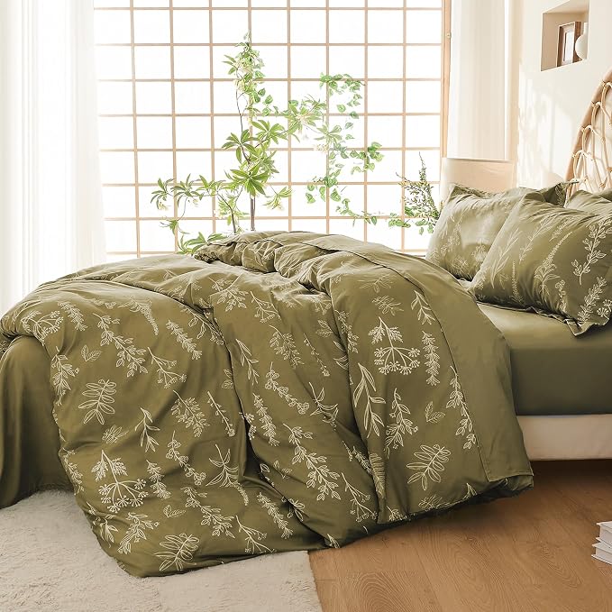 MUXHOMO Duvet Cover Twin/Twin XL Size Set, Reversible Floral Olive Green Duvet Cover with Zipper Closure, 2 Pieces Botanical Patterns Soft Microfiber Bedding Set with 4 Ties (68"x90", 1 Pillow Case)