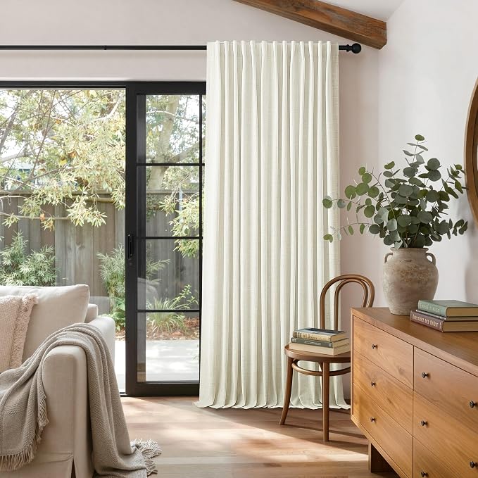 100 Inch Wide Curtain 96 Inches Long 1 Panel Full Blackout Linen for Patio Sliding Door Thermal Insulated Pleated Drape Back Tab Ivory Cream Extra Width 100 x 96 Inch Curtain for Living Dining Room