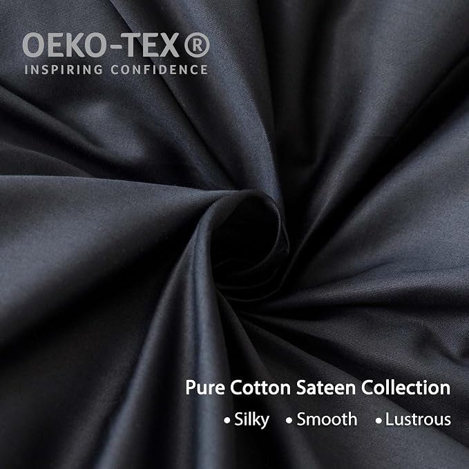 HeimenAogo Egyptian Cotton Duvet Cover Queen Size Sateen Weave, Silky Soft and Breathable Bedding Set with Zipper Closure, Long Staple Cotton Bed Linen Pure Black 3Pcs (90"×90")