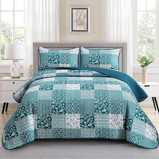 Mybedsoul Boho Quilt King Size, Patchwork Floral Bedding Set, Teal Blue | Soft Lightweight Microfiber Reversible Coverlet Set, 3 Pieces Plaid Bedspread, Bed Sets for All Seasons 90"x110"