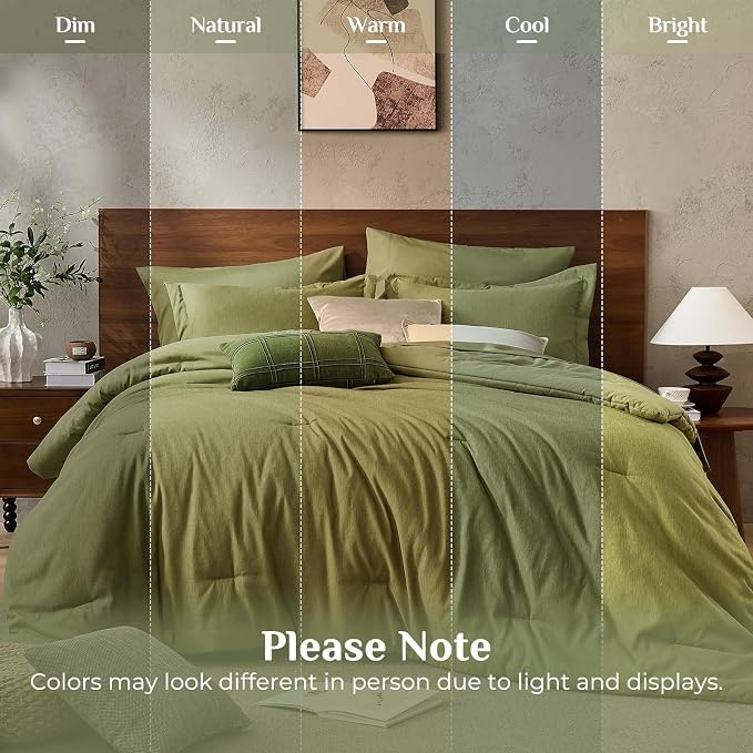 JOLLYVOGUE Olive Green Full Comforter Set, Cationic Dyeing Bed in a Bag Full 7 Pieces, Double-Tone Bedding Set with Down Alternative Comforter, Sheets, Pillowcases & Shams