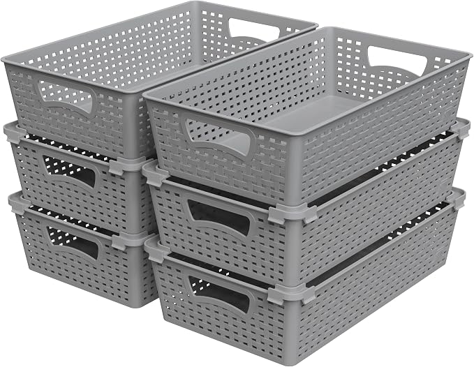 Simple Houseware Stackable Plastic Woven Basket Organizer, 6 Pack, Gray | 14.5" D x 8.5" W x 3.5" H
