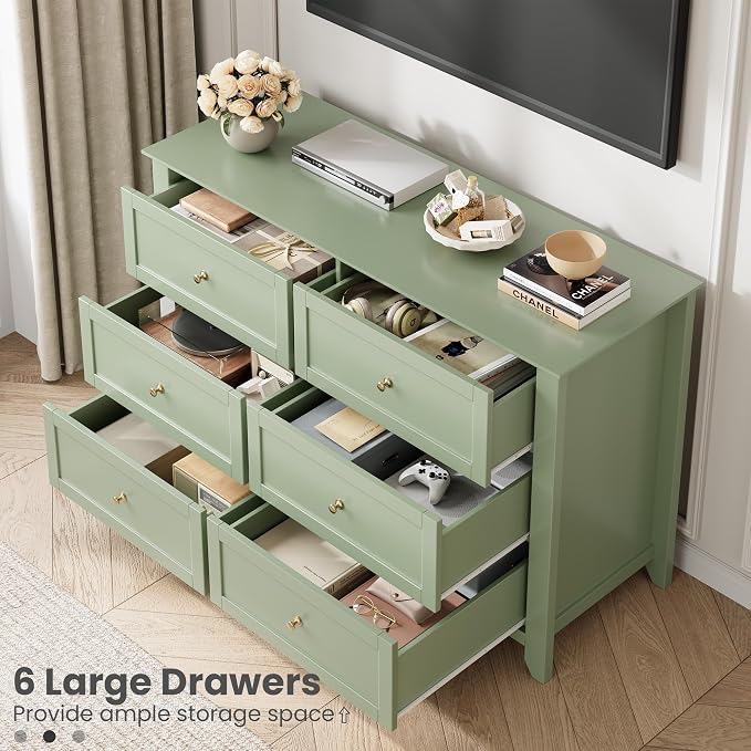 Garvee 6 Drawer Dresser for Bedroom, 47.2" Wide Modern Large Chest of Drawers with Metal Knobs, Wooden Clothes Storage Organizer for Closet, Nursery, Living Room, Apartment, Sage Green | Lacquered Finish, Metal Knobs, Clothes Storage Organizer for Clos...