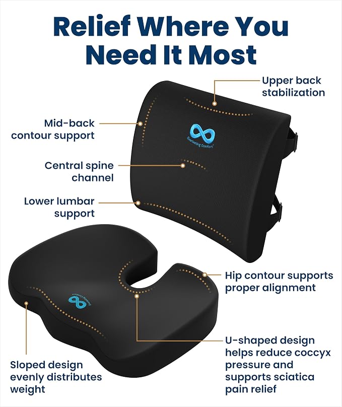 Everlasting Comfort Doctor Recommended Memory Foam Seat Cushion for Office Chairs & Car - Ergonomic Office Desk Accessories - Cushions for Tailbone Pain Relief, Sciatica (Black Airflow Lumbar, Large)
