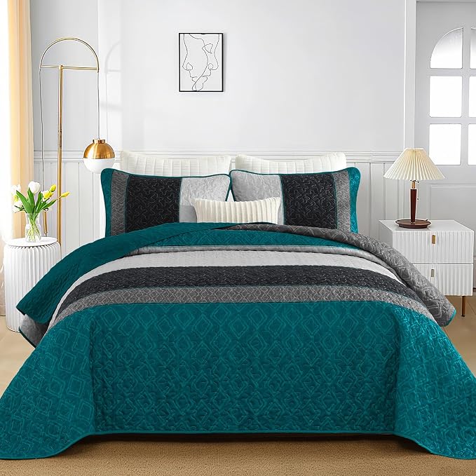 Cottolester Boho Quilt Set Queen,Striped Plaid Bedspreads Set,Peacock Blue | Lightweight Coverlets Set with 2 PillowShams,All Seasons Microfiber Quilt Bedding Sets for Bedroom Guest Room 96"x90"