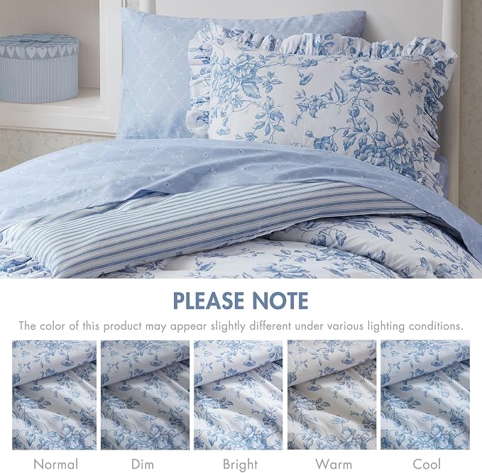 Madison Park Essentials Blue Floral Comforter Set with Sheets Twin XL,5pc | Reversible, Elegant College Dorm Bedding, Ruffle Bed in a Bag, All Season, Machine Washable, Wrinkle Resistant, Ultra Soft