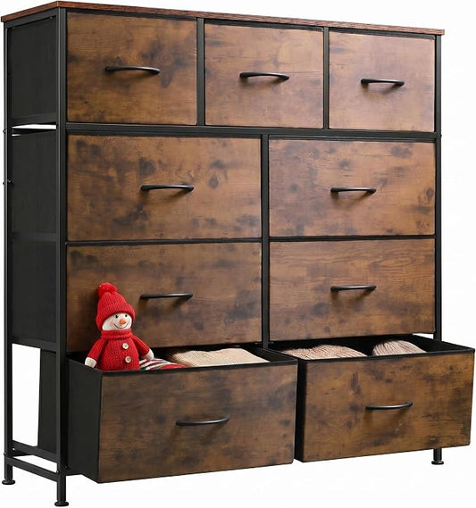 WLIVE Tall Dresser for Bedroom, 9 Drawer Chest of Drawers, Rustic Brown | 9 roomy fabric drawers, Tall storage design, Bedroom or closet use, Sturdy steel frame, Smooth wood tabletop