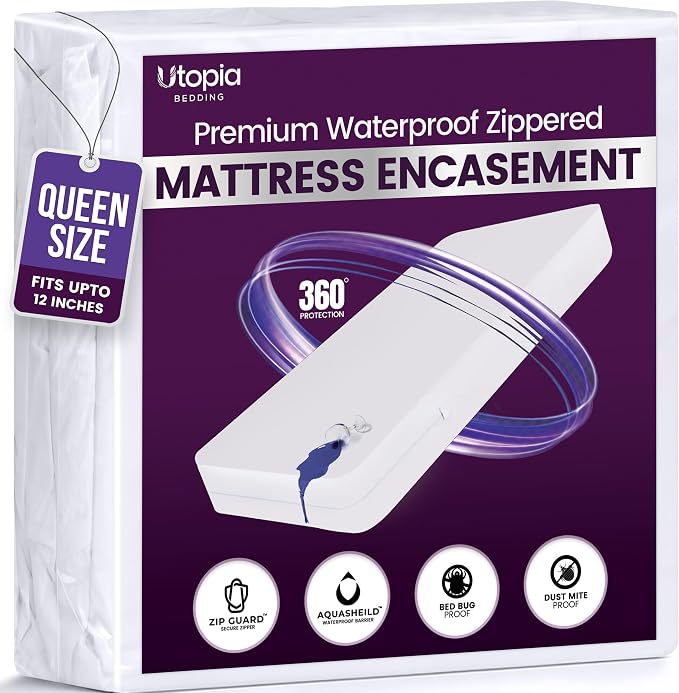 Premium Waterproof Zippered Mattress Protector Queen Size, 12" Depth | Utopia Bedding Bed Bug Mattress Cover, 6-Sided Mattress Encasement, Dust Mite Proof, Washable, Fits upto 12" Deep Mattresses