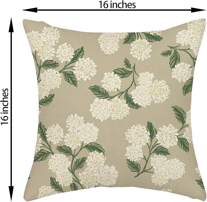 Beige Spring Pillow Covers 16x16 Inch 2 Pcs Khaki Green Hydrangea Flower Decor Throw Pillows Vintage Floral Seasonal Summer Outdoor Decoration Pillowcase Linen Cushion Cover for Couch Sofa