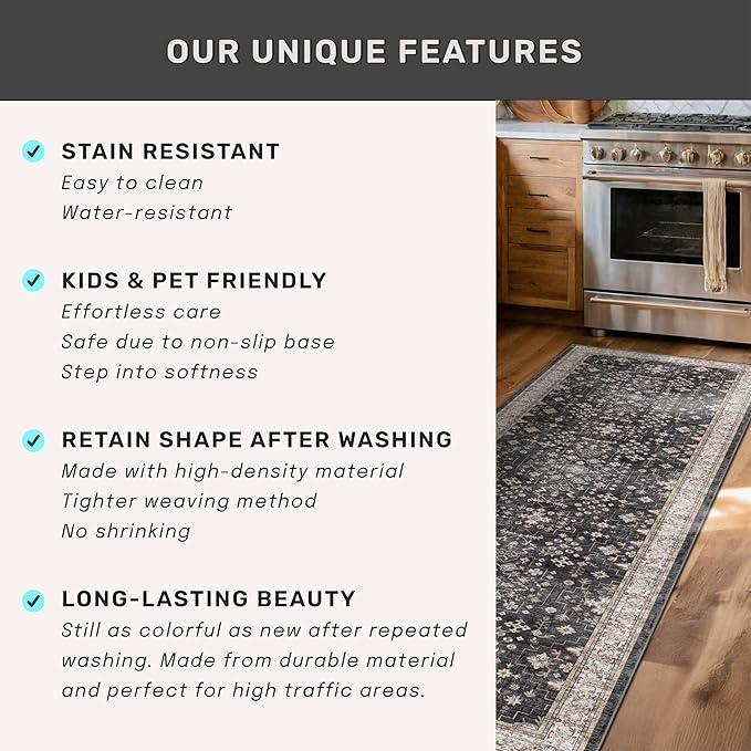 Boho Dining Room Rugs for Under Table - 7x9 Washable Black Area Rug for Living Room, Low Pile Non-Slip Rugs for Bedroom Under Bed - Charming Farmhouse Decor & Stain Resistance - Black/Multi