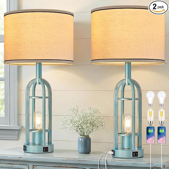 SRJJA Table Lamps for Living Room Set of 2 - Modern Farmhouse Lamps for Night Stands with Night Light & USB A+C, 24" Vintage Bedside Lamp for Bedroom, Bulbs Included