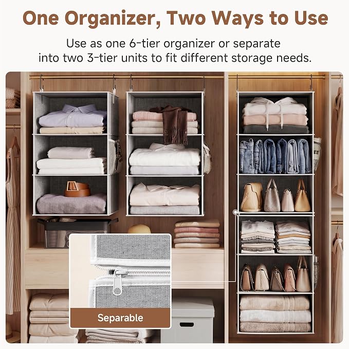 StorageWorks Hanging Closet Organizer, 6-Shelf with 2-in-1 Design, Ivory | Maximize Closet Space with Reinforced Shelves, Small Closet Storage Solution for Bedrooms, Dorms and RVs, Jumbo