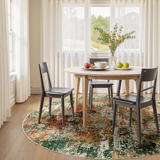 RELEANY Washable Round 6ft Area Rug for Living Room Green Multi | Carpet for Bedroom, Kitchen, Office, Hallway and Entryway, Printed Pattern, Non‑Slip, Soft, Stain‑Resistant, Easy to Clean