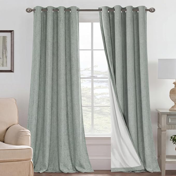 H.VERSAILTEX Blackout Curtains Linen Curtains 120 inches Long 100% Black Out Curtains for Bedroom Windows, Textured Linen Look Draperies Grommet with White Liner, 2 Panels, Green Bay