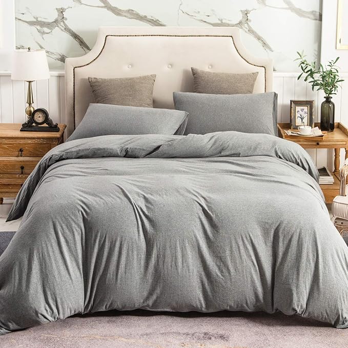 PURE ERA Jersey Knit Sheet Set Heather Dark Grey Queen | 100% Cotton, 3 Piece Set, T Shirt Soft, Breathable, Envelope Closure Pillowcases, Hidden Zipper, 8 Ties, No Insert, Modern