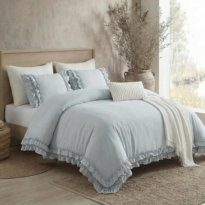 Bedrom Ruffled Queen Duvet Cover Set Blue Grey Bedding Set Shabby Chic Light Gray Boho Bedding Super Soft Lightweight Farmhouse Ruffle Duvet Cover Set for All Season