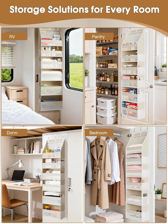 Over the Door Organizer, 6-Shelf Closet Hanging Storage with 13 Mesh Pockets, 55lbs Capacity Behind the Door Storage for Baby Nursery, Bathroom, Bedroom, and Dorm, Beige