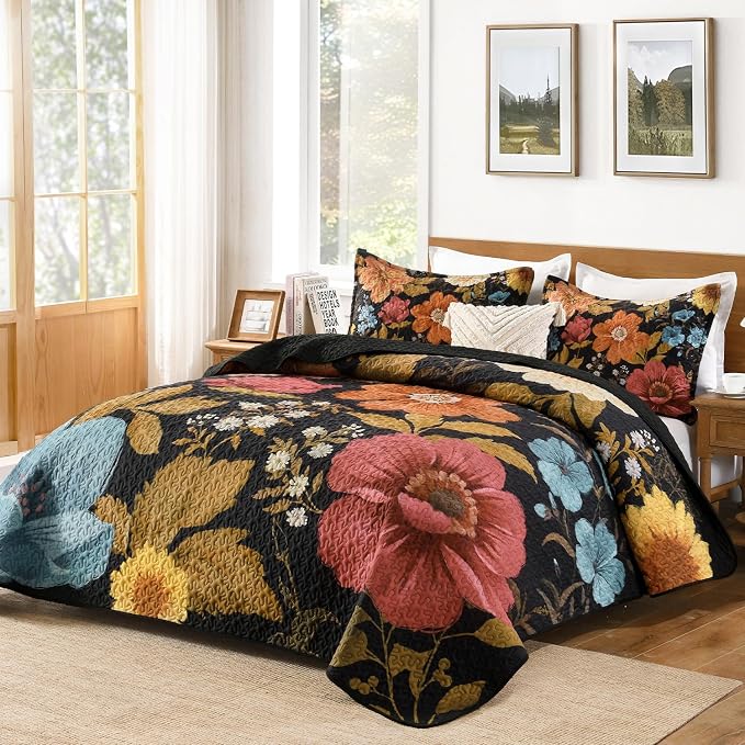 Quilt King Size, Colorful Floral Boho Summer Bedspread 3 Pieces | Golden Flower Botanical Summer Bedspreads with 2 Shams, Reversible Polyester Coverlet Set for All Seasons, 106"x96"