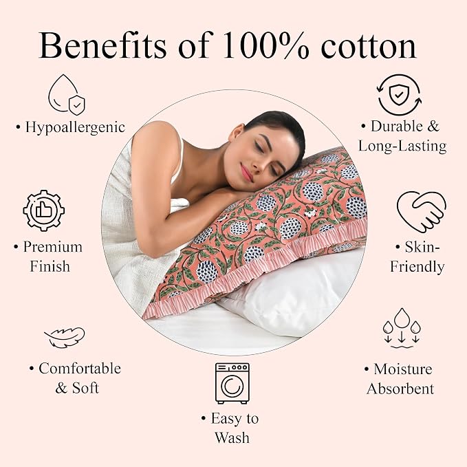 Ridhi Block Print Dark Salmon Pink Ruffle Lumbar Pillow Shams, 36" x 14" | 100% cotton, Floral Pillowcase, Cushion Cover, Hidden Zipper, Cottagecore Bedding, farmhouse boho style, fits couch, sofa,Bed