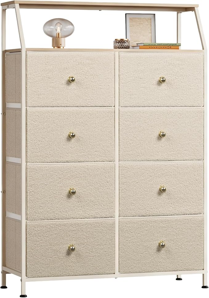 WLIVE Beige Boucle 8-Drawer Fabric Dresser Storage Tower Bedroom | Boucle fabric 8-drawer storage tower with open shelves and wood top, stylish for bedroom closet living room decor