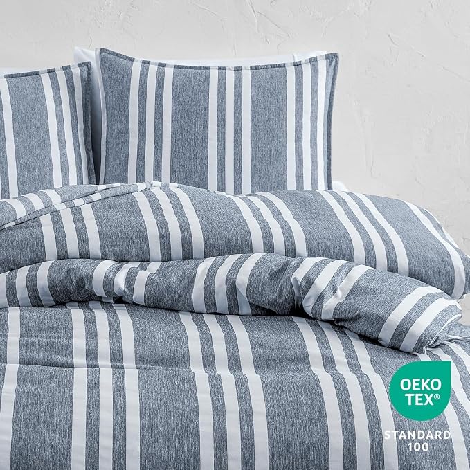 Bare Home Duvet Cover Set (Cal King, Stripe - Heathered Midnight Blue) | 1800 Ultra-Soft, Lightweight, Cooling, Breathable, Premium, All-Season