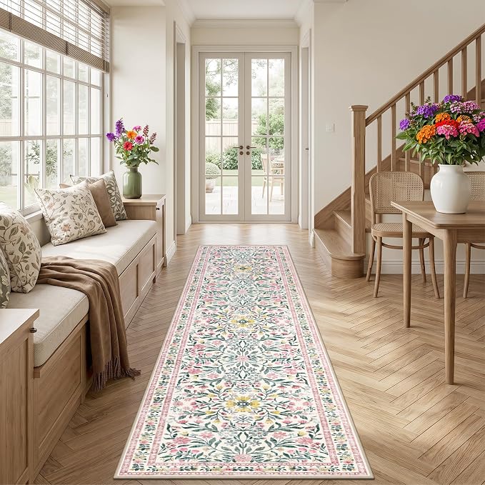 PLHXFR 2.6x10 Washable Runner Rug：Floral Indoor Kitchen Carpet Pink Green | For Hallway Bedroom Kitchen Laundry Bathroom Dorm,Vintage Floral,Machine washable,Non Slip,Stain Resistant,Indoor Floor