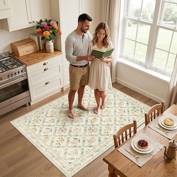 PLHXFR Area Rug Living Room: 3x5 Floral Washable Boho Carpet Beige Multi | For Bedroom Dining Room Farmhouse Nursery Hallway,Vintage Floral,Machine washable,Non Slip,Stain Resistant,Large Indoor