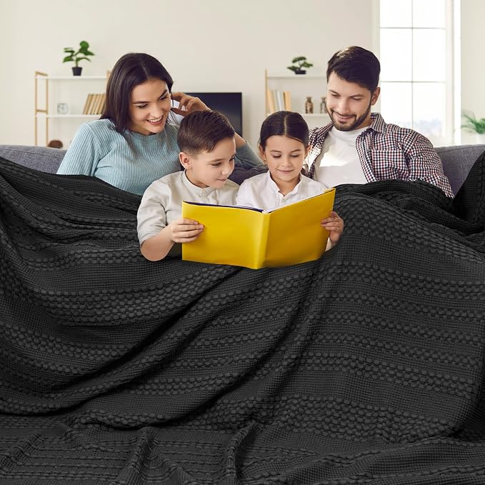 PHF 100% Cotton Waffle Weave Blanket Oversized King for Bed 120"x120"- Giant Big Lightweight Blanket 10'x10' for Bed Sofa - Aesthetic Extra Large Washed Cotton Soft Blanket - Black | Pre-Washed Soft Cotton Comfor, Extra Large 10'x10' Blanket, Giant Big...