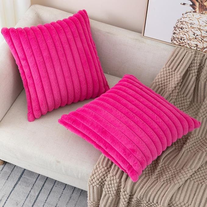 ZLINA Hot Pink Striped Faux Fur Throw Pillow Covers 16 x 16 Inch | 2‑Pack, boho striped pillow covers,velvet back,fuzzy plush cushion covers , for sofa bed livingroom home decor