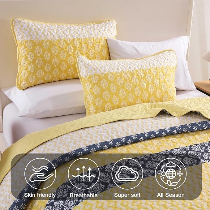 Cottolester King Size Yellow Boho Quilt, Striped Lightweight Bedspread | Soft Microfiber Coverlet,Breathable All-Season,Machine Washable,3-Piece Set,Fits King 110"x90",Cozy Essential for Men Women