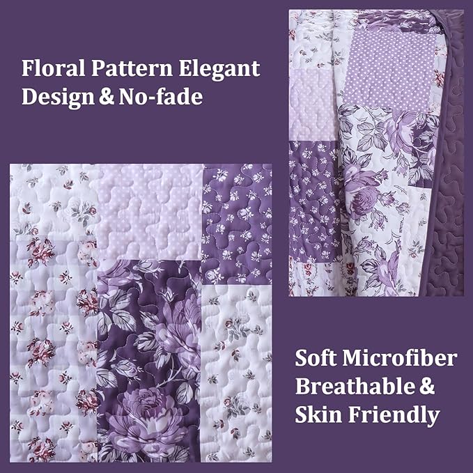 Anibedding Purple Patchwork Quilt Set King, Rose Floral Plaid Bedspread | Lavender Vintage Flower Coverlet, Lighweight Microfiber Farmhouse Quilt Bedding Set 3 Pieces for All Season, 96''x90''