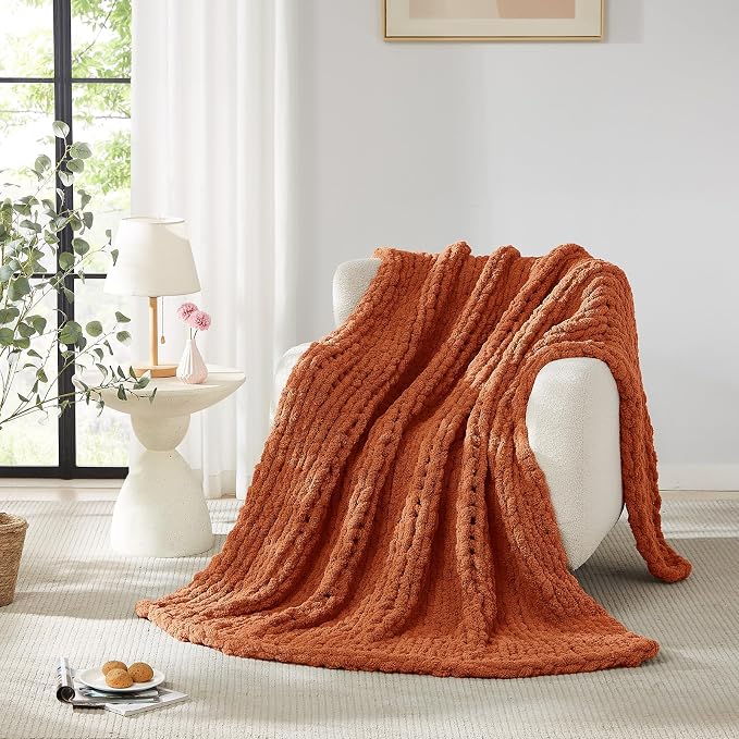 L'AGRATY Chunky Knit Throw Blanket for Couch, 72 x 84 Inches, Rusty Orange | Handmade Chenille Crochet Blanket for Sofa Bed, Thick Cable Knitted Blankets for Room Home Decor, Birthday Gift for Women Mom