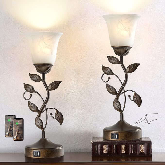 Set of 2 Touch Farmhouse Bedroom Table Lamps 2 USB C+A | Nightstand Vintage Flower Lamps, 3 Way Dimmable Leaf Lamp for Living Room with White Glass Shades, Bulbs Included