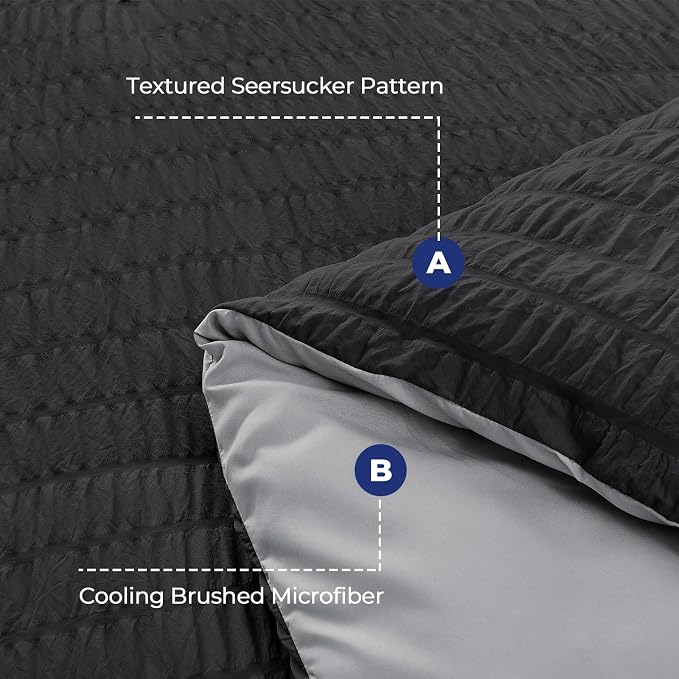 HYMOKEGE Black/Light Grey Duvet Cover Full Size, Ultra Soft 3-Piece Seersucker Duvet Cover Set with Zipper Closure, Soft Brushed Microfiber Bedding Set with 8 Corner Ties (80"x90", 2 Pillowshams)