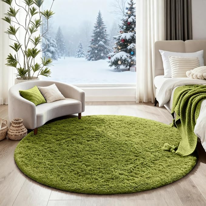 Ophanie Round Rug 4Ft Green Circle Area Rug, Green Room Decor, Fluffy Fuzzy Bedroom Carpet, Plush Soft Shaggy Living Room Rugs for Kids Home Decor Aesthetic, Nursery with 99 pcs Pile fibers