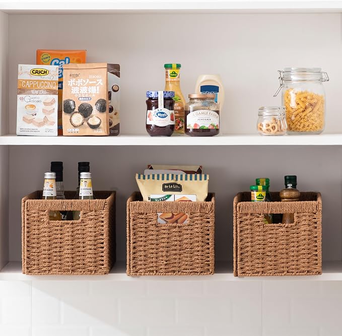 UBBCARE 2 Pack Wicker Basket, 13.4L×8.3H×7.1W inch Woven Paper Rope Storage Baskets for Shelves, Foldable Rectangular Storage Baskets with Handle, Storage Basket for Organizing, Caramel