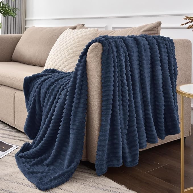 BEDELITE 3D Ribbed Jacquard Navy Fleece Twin Blanket for Couch, 60x80 Inch | Soft Warm Fluffy Blanket for Bed Sofa College Dorm Room Decor, Luxury Cozy Plush Birthday Gifts for Women Girls, Lightweight