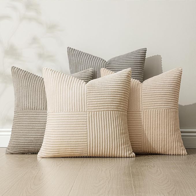 MIULEE Neutral Decorative Throw Pillow Covers 20x20 Inch Set of 4 for Livingroom Couch Sofa Modern Farmhouse Soft Corduroy Cushion Cases Striped Patchwork Home Decor (Cream,Grey)