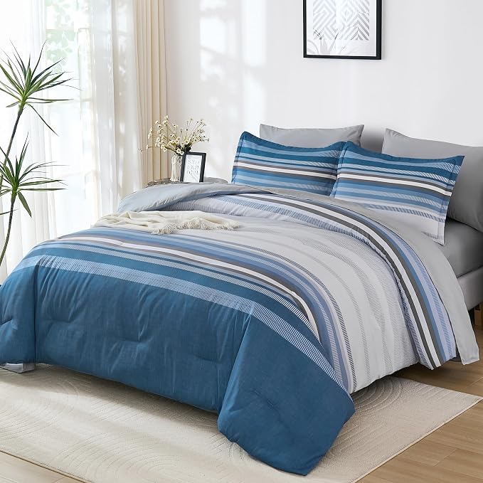 Dobuyly Grayish Blue Comforter Full Size Set 7 Pieces, Boho Striped Bed in a Bag Full Soft Microfiber All Season Grey Bedding Set with Comforter, Sheets, Pillowcases & Shams