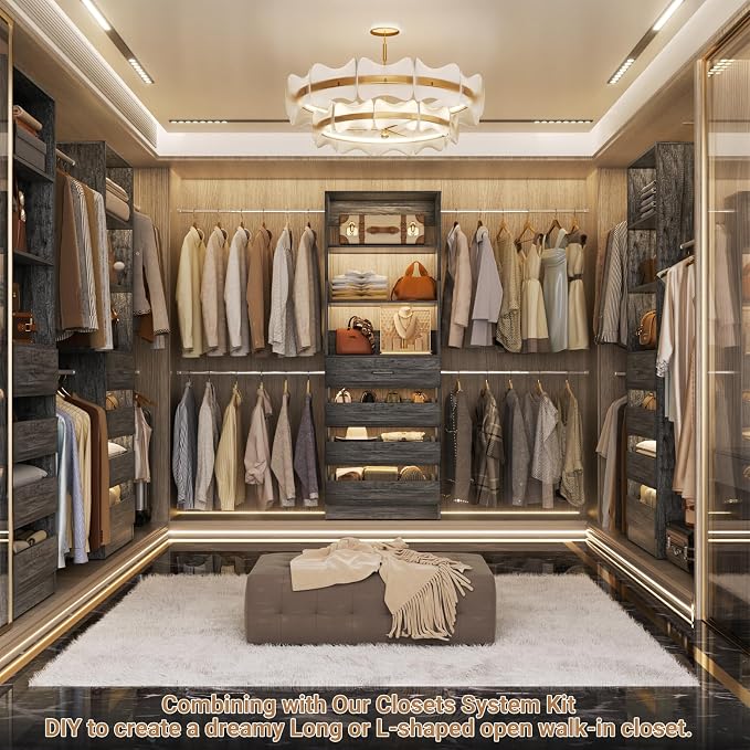 Aheaplus Closet System,4-9Ft Closet Organizer with 4 Wood Drawers,Black Oak | Wood Closet Organizer System with Tower, Walk-in Closet Organizer Wardrobe Clothes Rack with 4 Hanging Rods, Garment Rack
