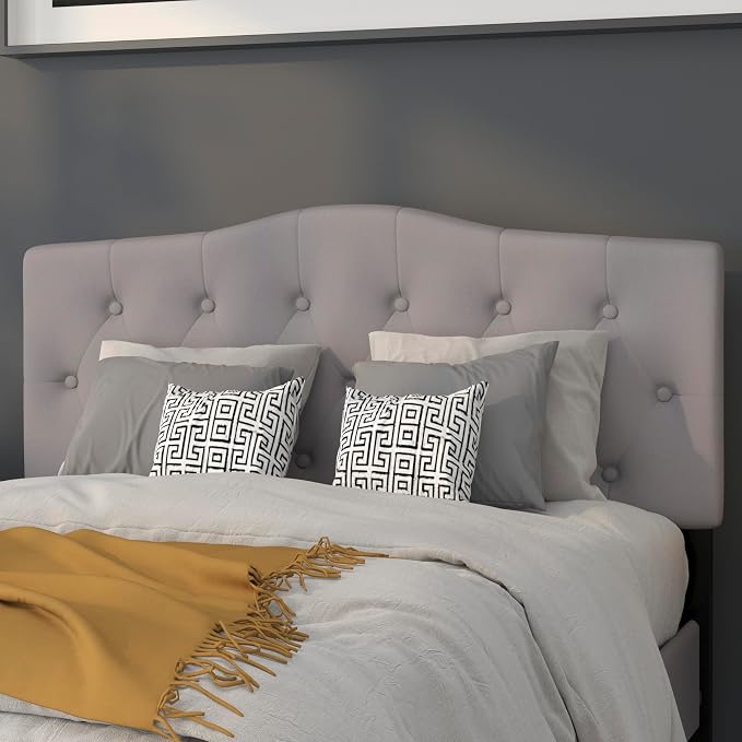 EMMA + OLIVER Light Gray Full Button Tufted Headboard | Adjustable Bed Rail Slots, Fabric Upholstered