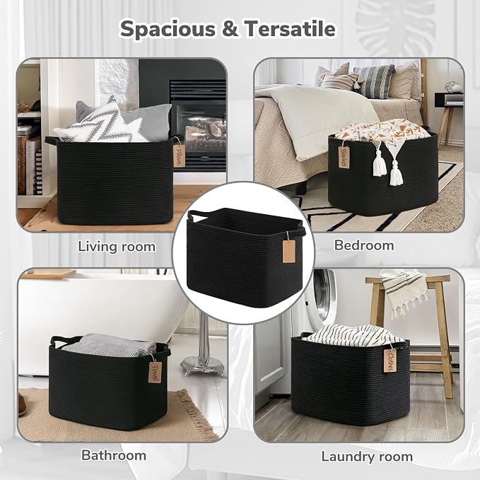 Goodpick 50L Large Woven Rope Storage Basket with Handles, Black | 18" × 14" × 12" Stylish Gift Basket for Living Room & Nursery Organization, Fits Blankets, Toys & Home Essentials Storage