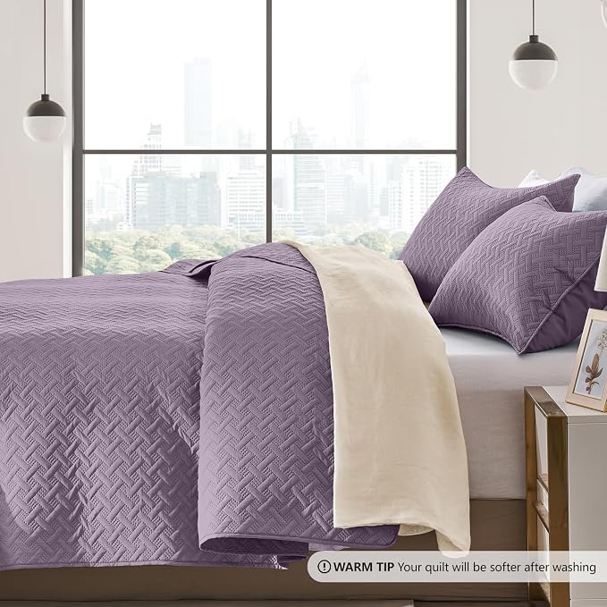 FLYMME Twin Quilt Set,Lightweight Grayish Purple Bedspreads,Basket Weave Pattern,Ultra Soft Microfiber Bedspread Bed Coverlet 2 Pieces for All-Seasons (1 Quilt,1 Shams)